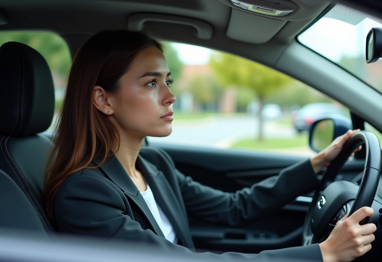 Jeune femme dans la voiture hybride au volant