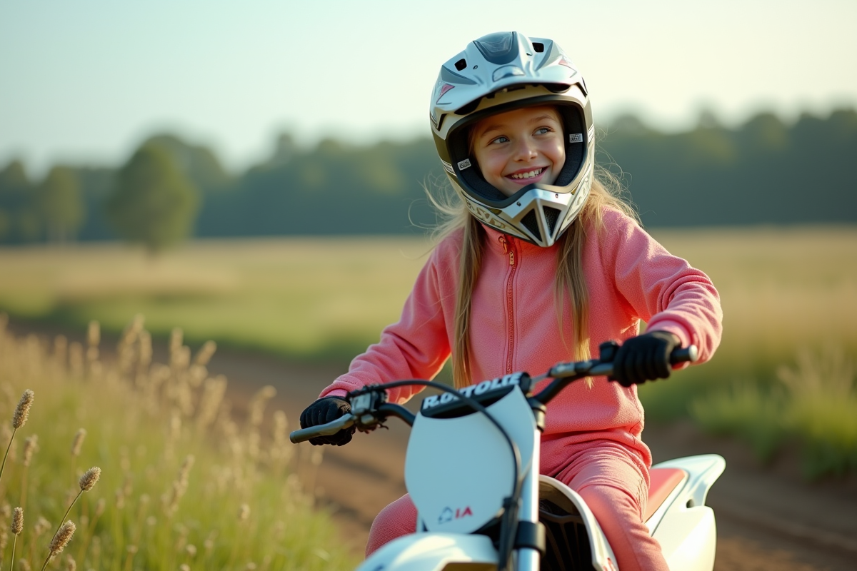 Jeune fille en motocross assise dans un champ vert