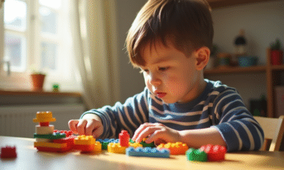 Jeune garçon de 3 à 4 ans assemble des blocs colorés à la table