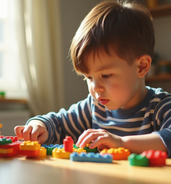 Jeune garçon de 3 à 4 ans assemble des blocs colorés à la table