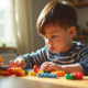 Jeune garçon de 3 à 4 ans assemble des blocs colorés à la table