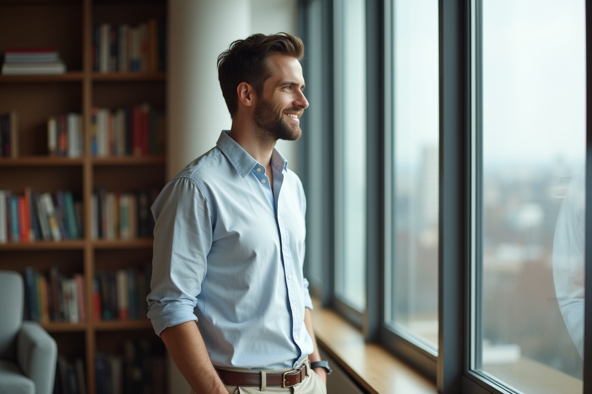 Jeune homme regardant par la fenêtre dans un appartement moderne