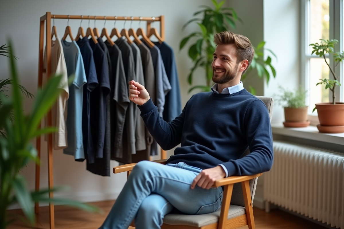 Jeune homme choisissant un vêtement responsable à la maison