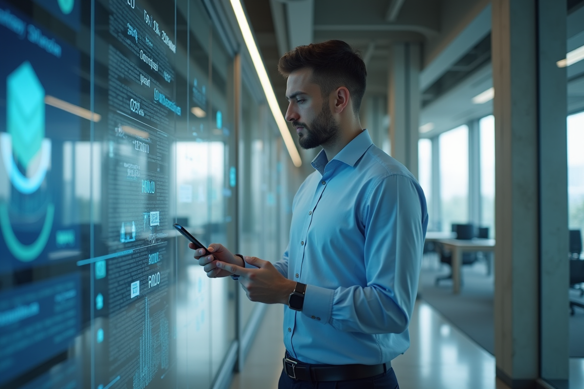 Jeune homme utilisant une interface blockchain dans un espace tech