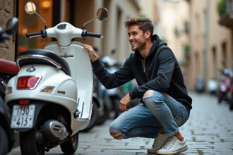 Jeune homme souriant près d'un scooter 50cc d'occasion