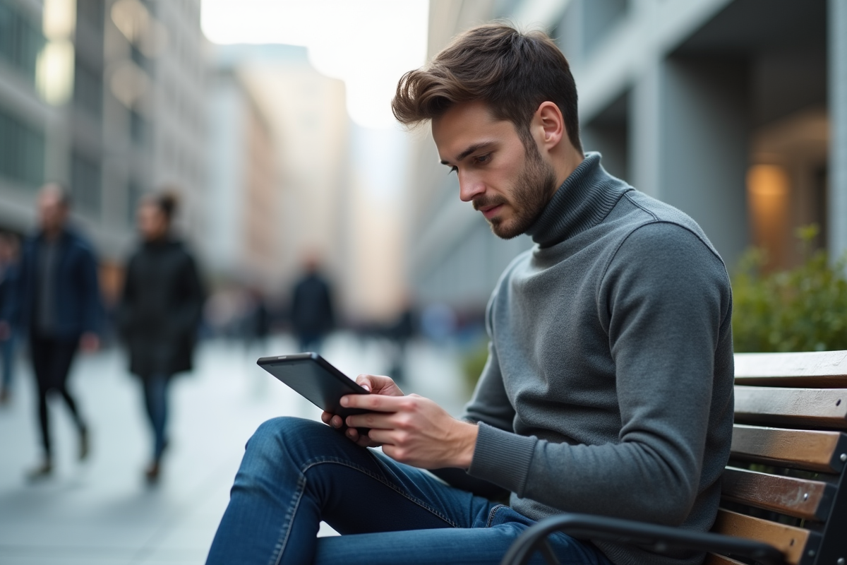 Jeune homme en ville concentré sur sa tablette