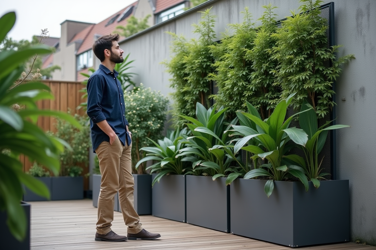 Jeune homme dans un jardin urbain avec mur en béton et plantes en pot