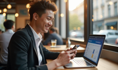 Jeune professionnel utilisant smartphone et ordinateur portable avec Boursorama visible