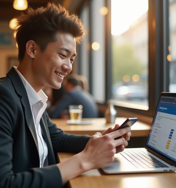 Jeune professionnel utilisant smartphone et ordinateur portable avec Boursorama visible