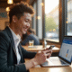 Jeune professionnel utilisant smartphone et ordinateur portable avec Boursorama visible
