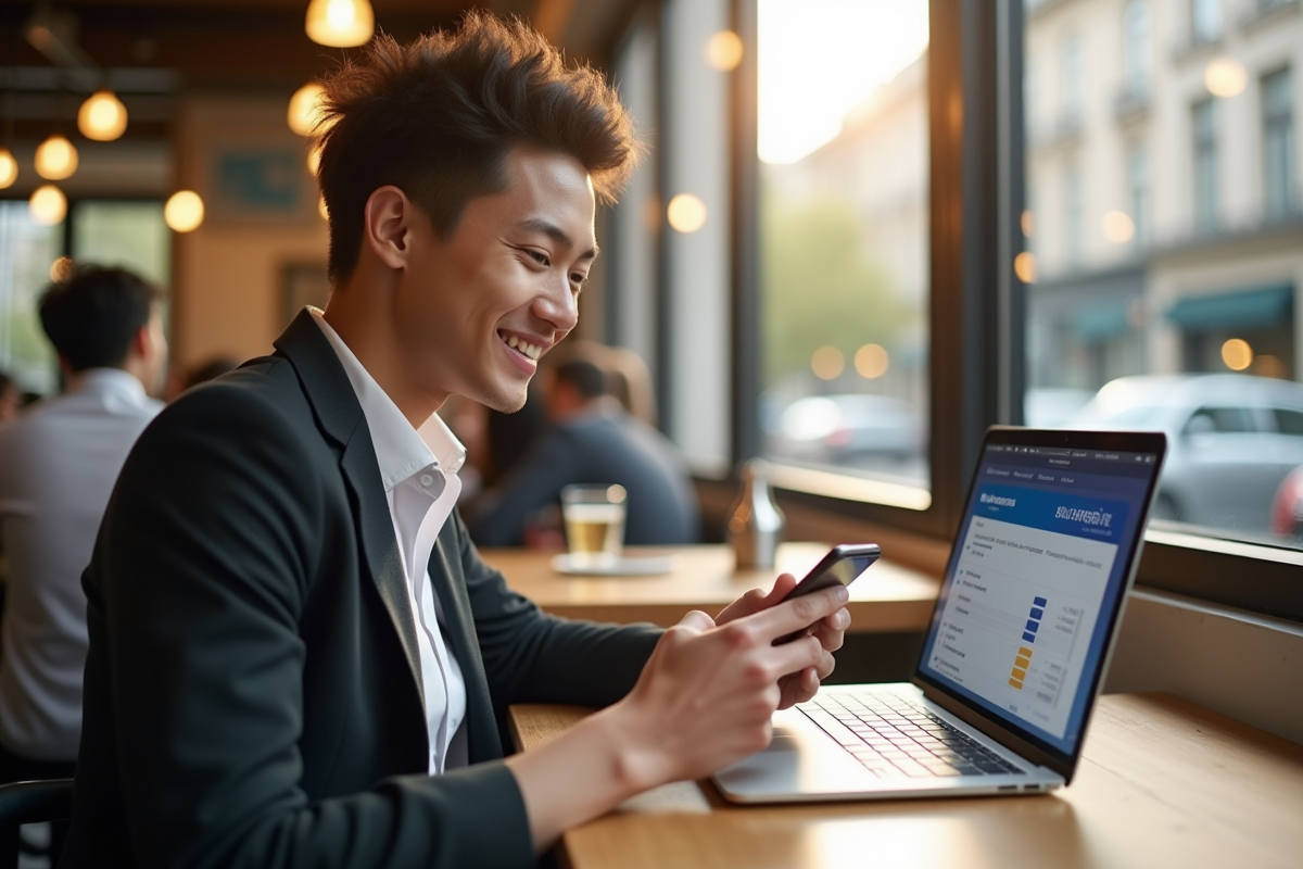 Jeune professionnel utilisant smartphone et ordinateur portable avec Boursorama visible