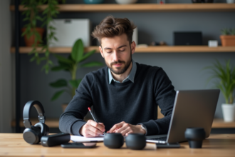 Jeune homme testant des appareils électroniques modernes