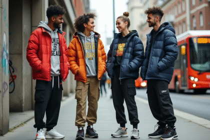 Quatre jeunes adultes en streetwear dans la ville