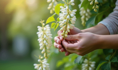 Main prenant une branche de glycine saine en extérieur