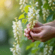 Main prenant une branche de glycine saine en extérieur