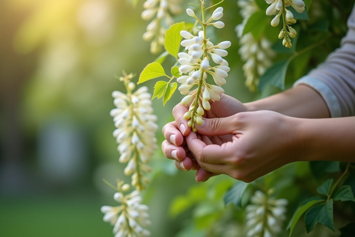 Main prenant une branche de glycine saine en extérieur