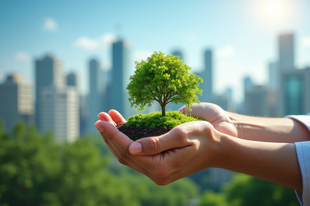 Mains écologiques tenant une petite forêt symbolisant responsabilité environnementale