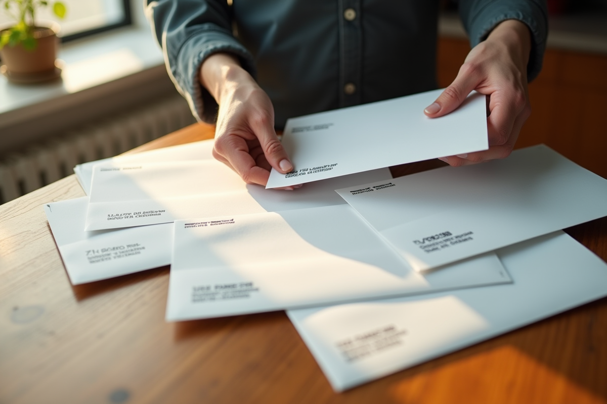 Mains tenant des enveloppes avec codes postaux du Quebec sur une table