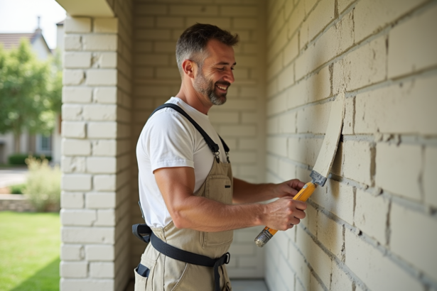 Maçon appliquant un enduit à la chaux sur un mur extérieur