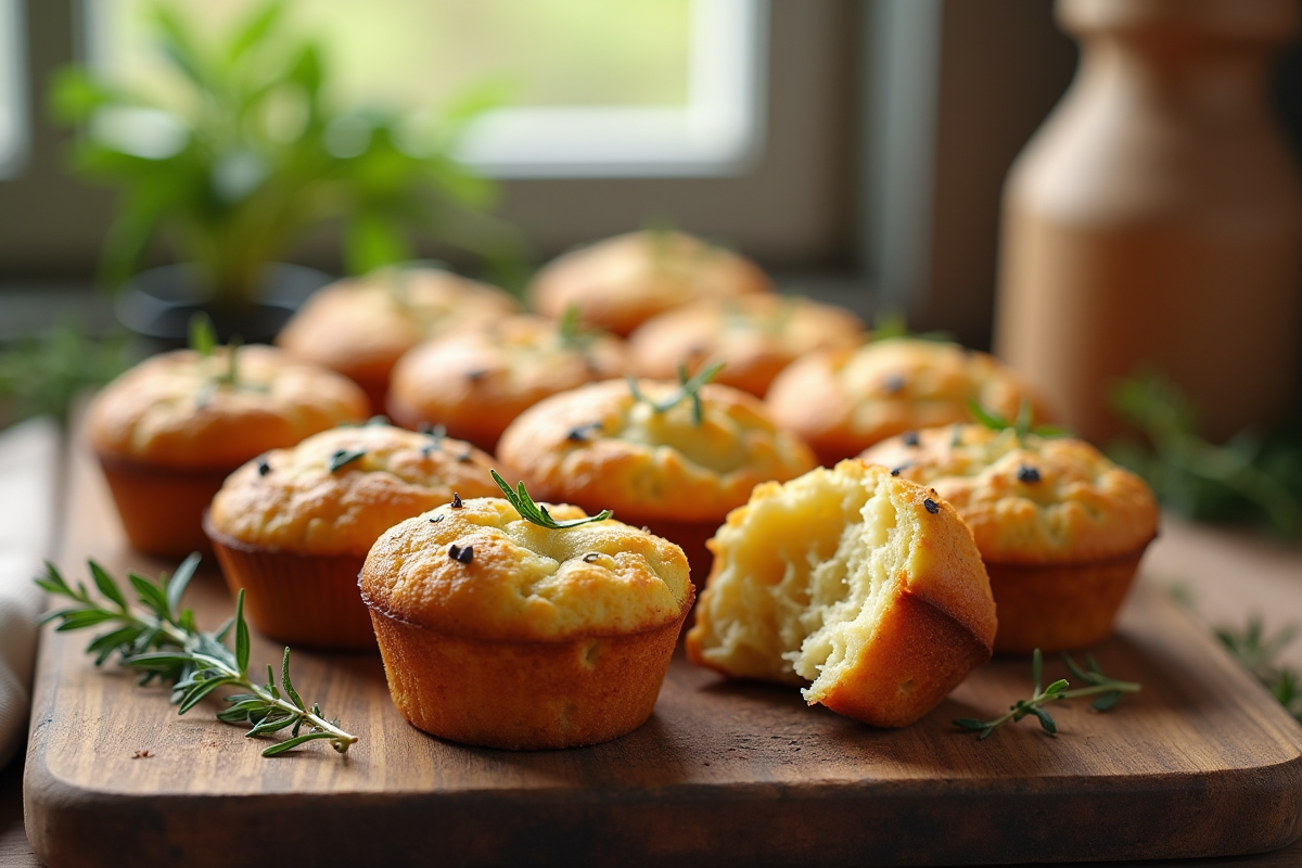 Muffins salés fraîchement cuits sur une table en bois avec un muffin cassé