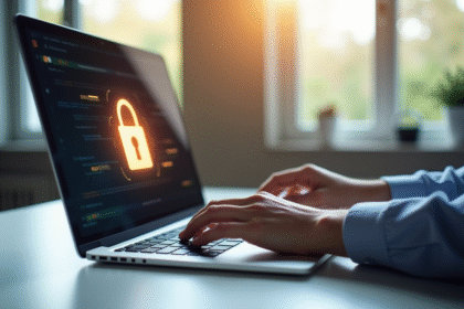 Ordinateur portable avec cadenas lumineux sur l'écran pour illustrer la sécurité digitale