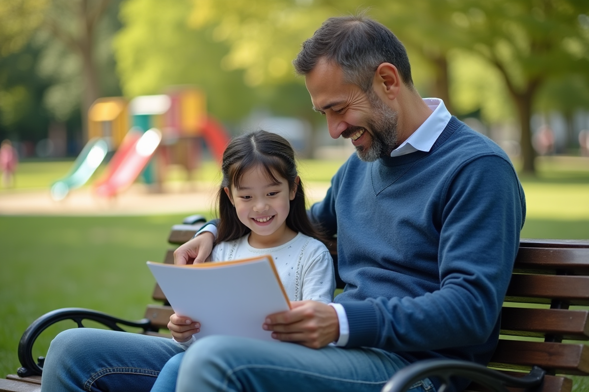 Père adoptif et fille dans un parc en partageant des papiers
