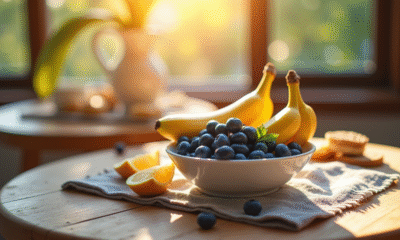 Petit déjeuner avec fruits bleuets et bananes sur une table en bois