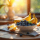Petit déjeuner avec fruits bleuets et bananes sur une table en bois