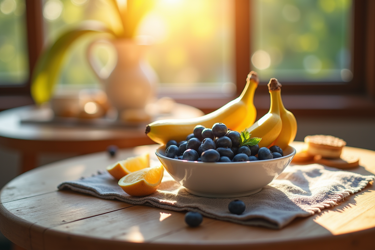Petit déjeuner avec fruits bleuets et bananes sur une table en bois