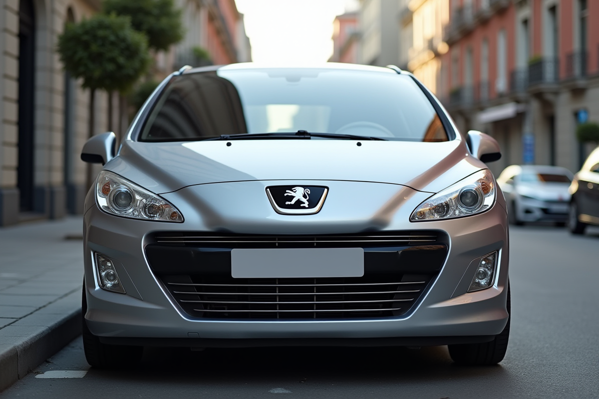Peugeot argentée stationnée en extérieur urbaine