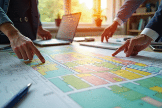 Table de planification urbaine avec cartes colorées et documents