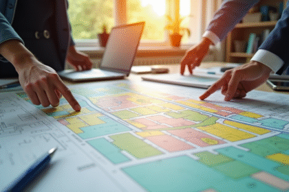 Table de planification urbaine avec cartes colorées et documents