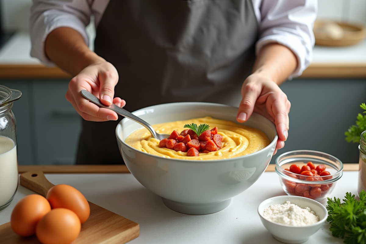 Cuisinier préparant la pâte avec du chorizo visible