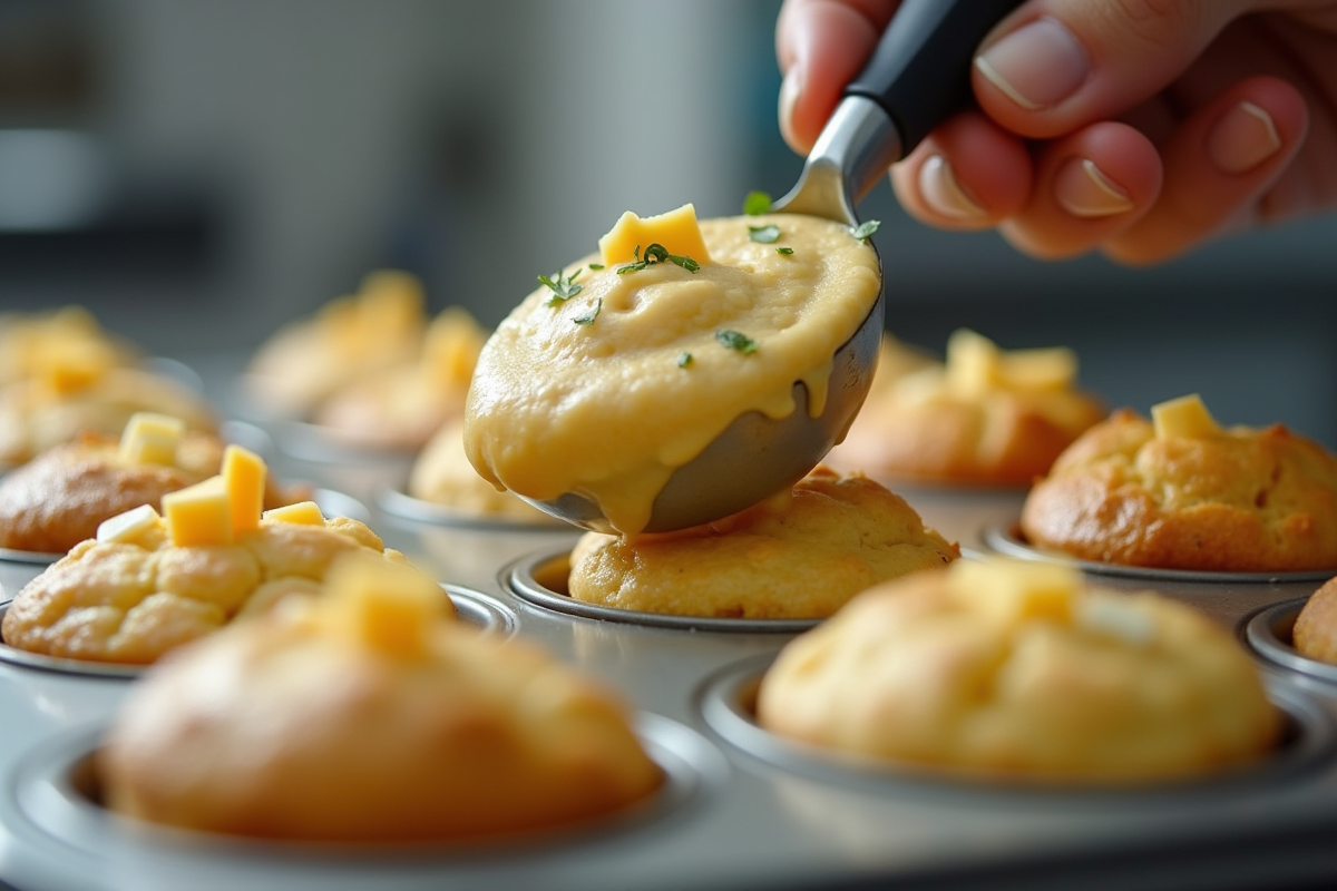 Cuisson de la pâte à muffin avec des ingrédients frais comme fromage et herbes