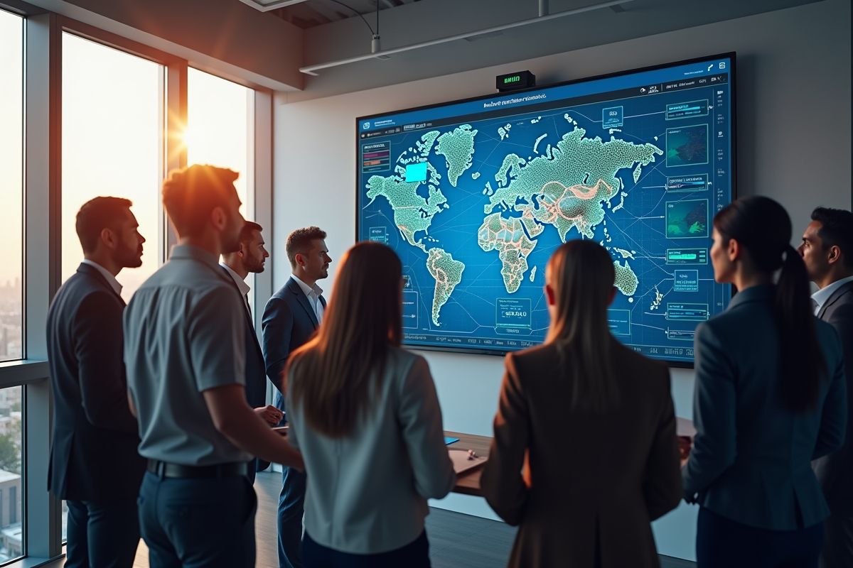 Professionnels en réunion autour d un écran blockchain