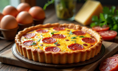 Quiche au chorizo dorée sur table en bois avec ingrédients