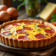 Quiche au chorizo dorée sur table en bois avec ingrédients