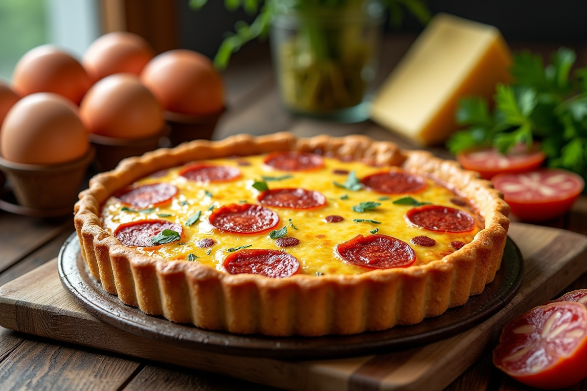 Quiche au chorizo dorée sur table en bois avec ingrédients