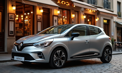 Renault Clio Phase 2 argentée sur une rue pavée en bistro européen