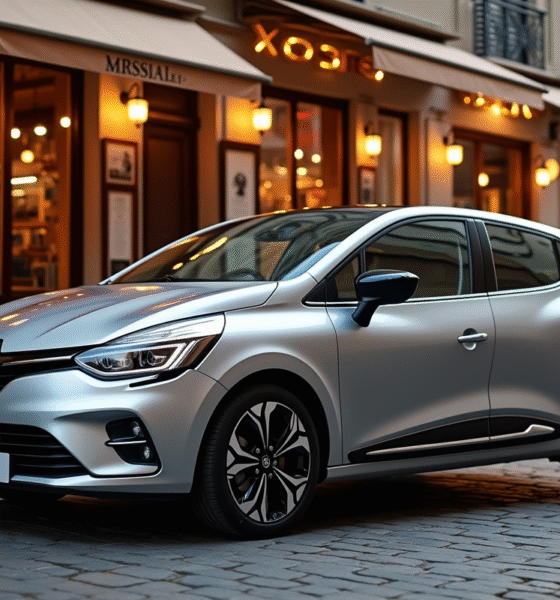 Renault Clio Phase 2 argentée sur une rue pavée en bistro européen