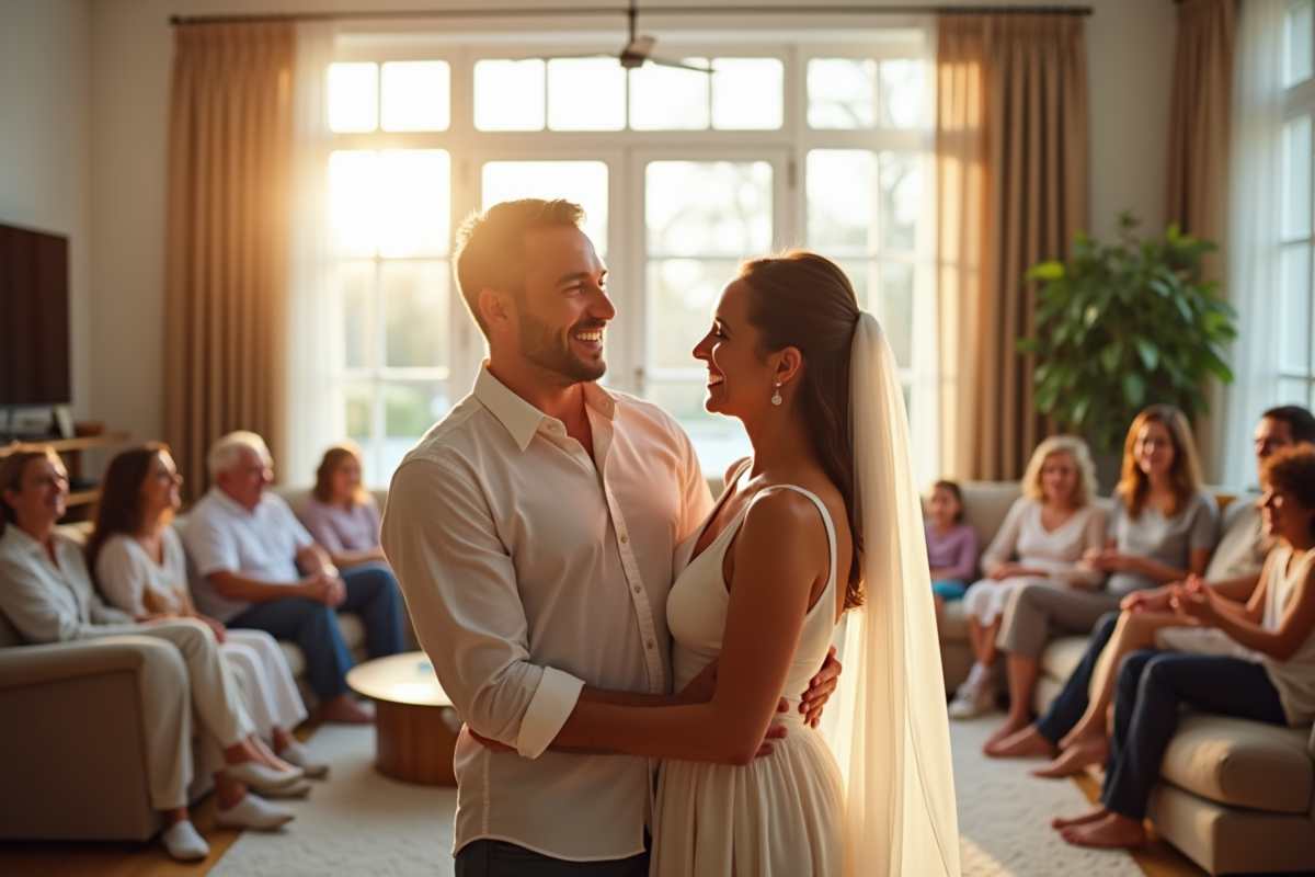 Couple célébrant leur renouvellement de vœux en famille dans un salon lumineux