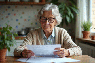 Femme retraitée triant des documents fiscaux dans sa cuisine