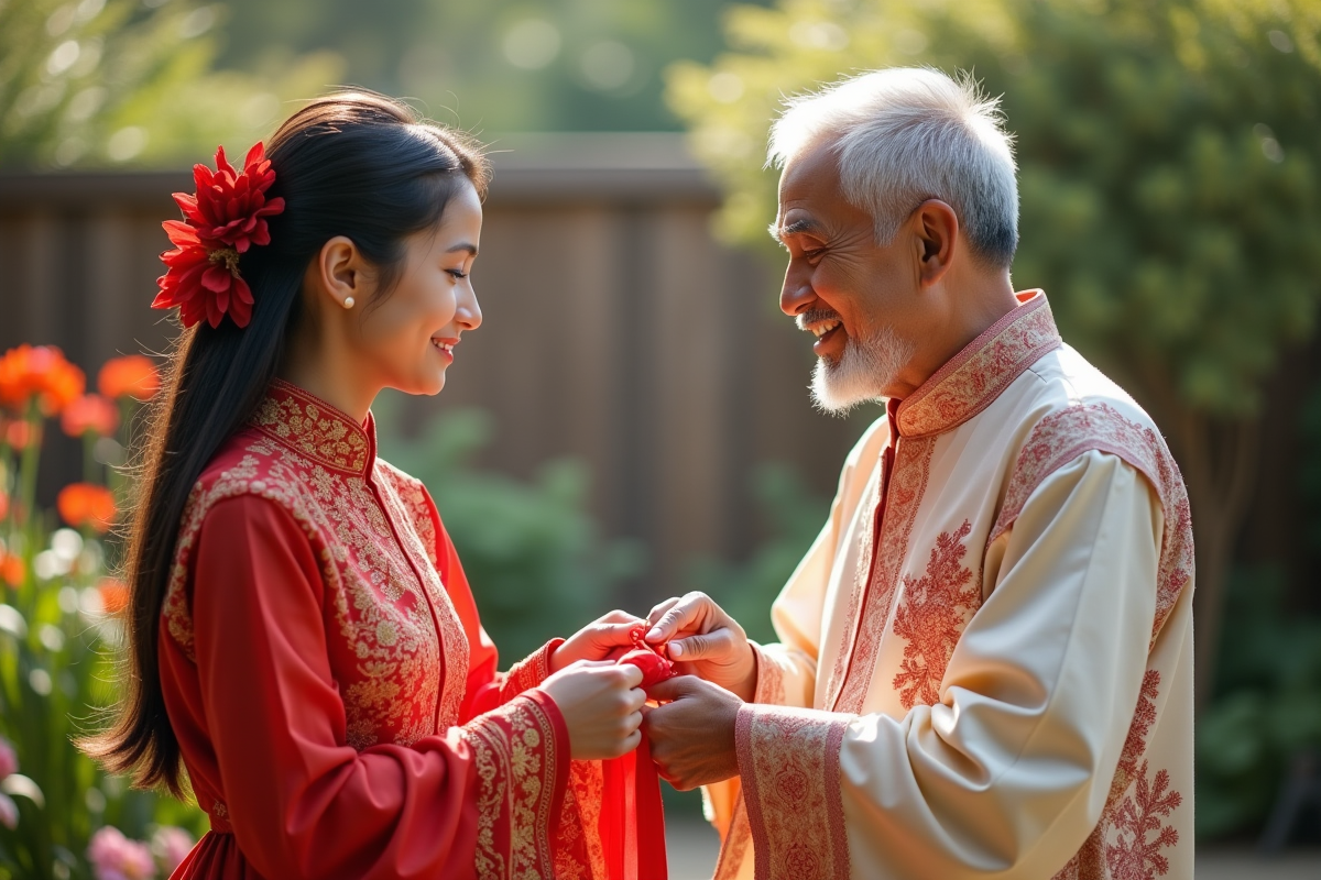 Jeune femme et grand-pere faisant un rituel en plein air