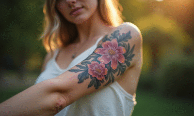 Poignet d'une jeune femme avec tatouage floral détaillé en extérieur