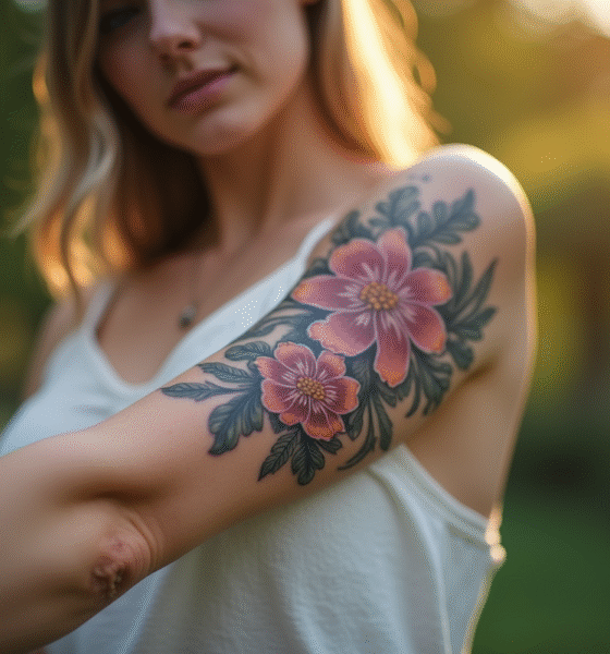 Poignet d'une jeune femme avec tatouage floral détaillé en extérieur