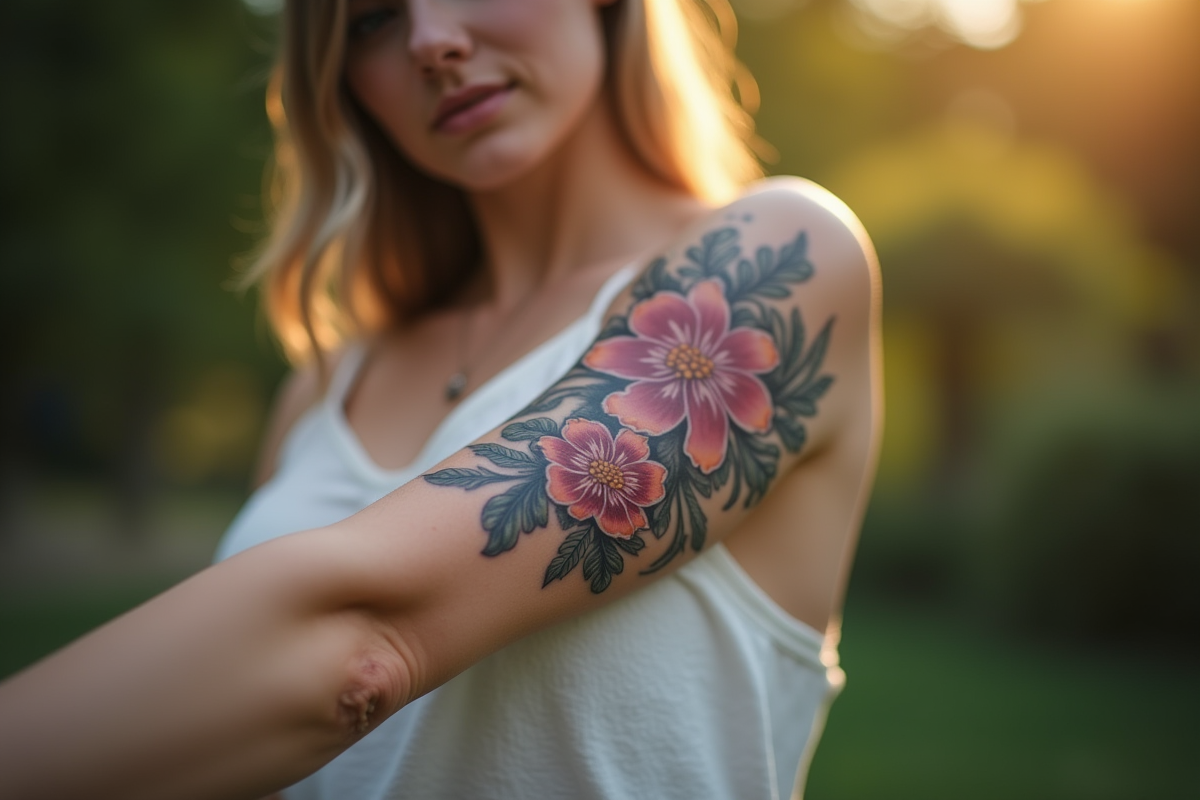 Poignet d'une jeune femme avec tatouage floral détaillé en extérieur