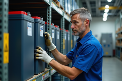 Technicien arrangeant des batteries dans un entrepôt propre