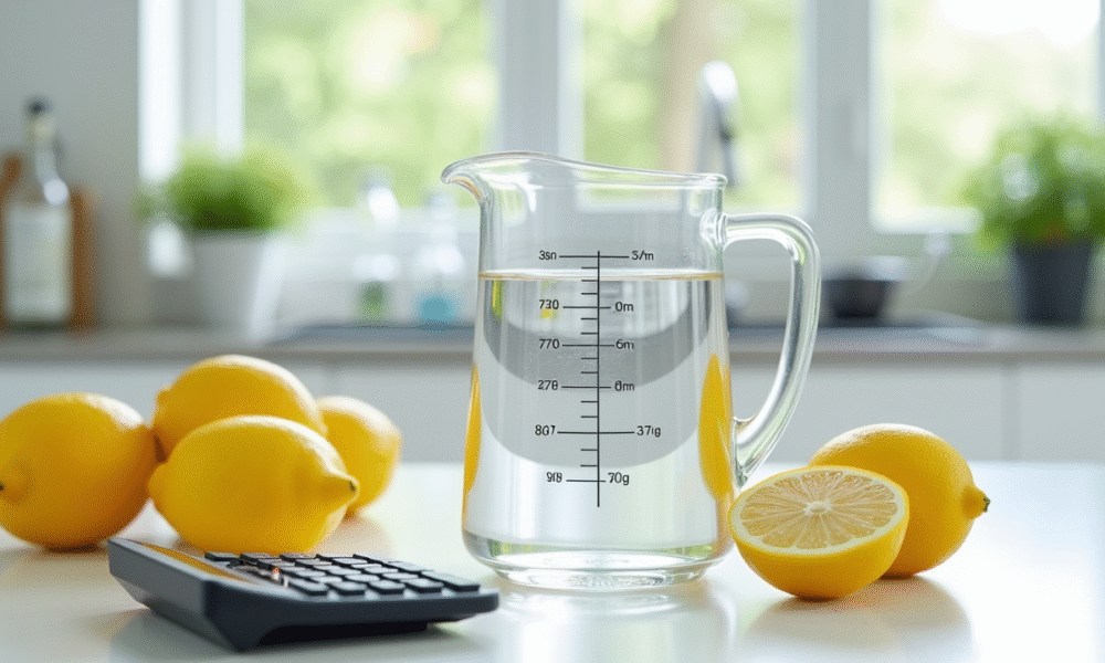 Verre mesureur d'eau avec citrons et calculatrice pour le titre