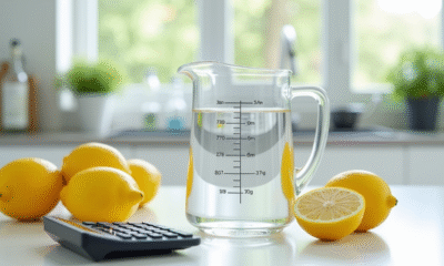 Verre mesureur d'eau avec citrons et calculatrice pour le titre