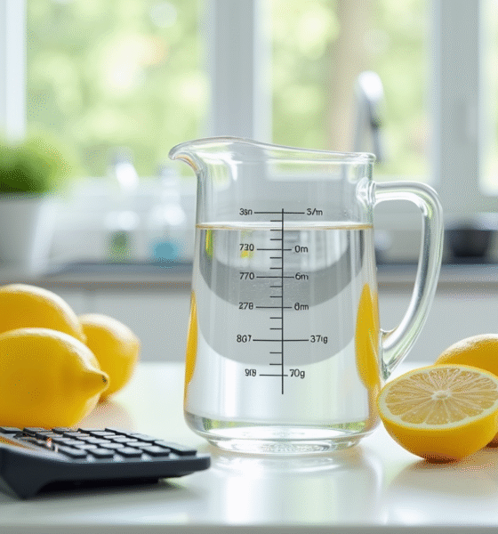 Verre mesureur d'eau avec citrons et calculatrice pour le titre